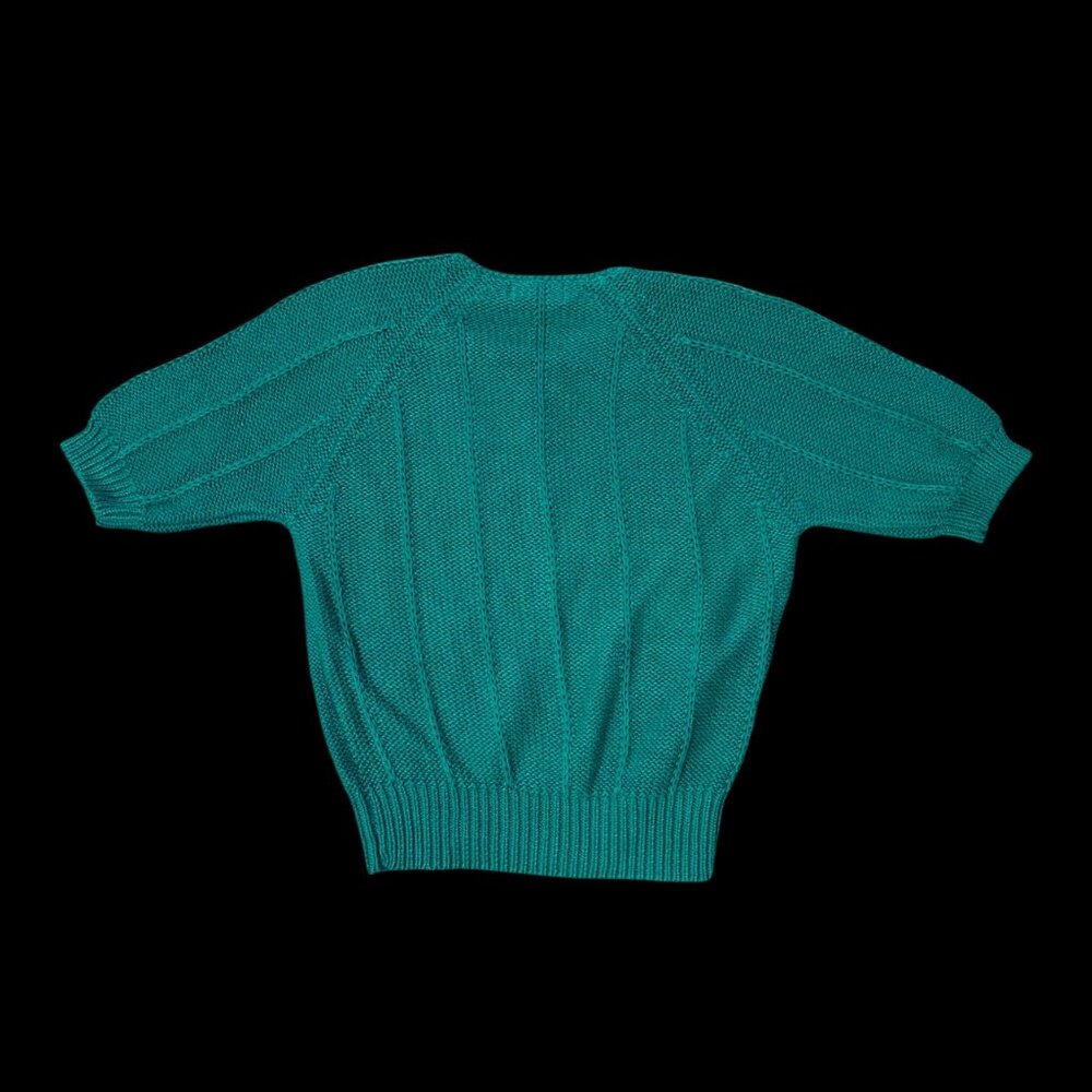 Vintage Green Knit Sweater Medium Short Sleeve Hong Kong Yarnworks 1980s Retro - Picture 3 of 6